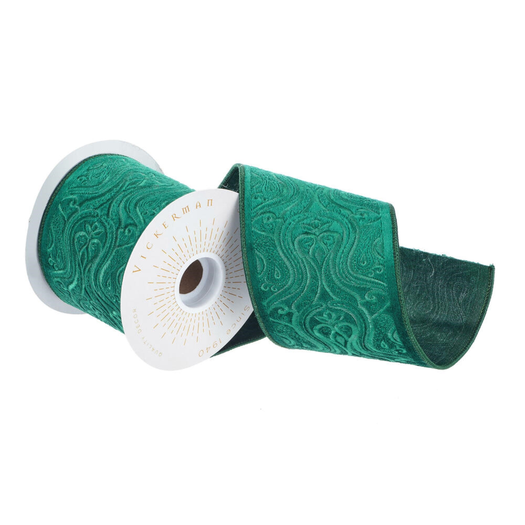 Vickerman 4” x 5 Yards Teal Green Embroidery Wired Edge Christmas Ribbon.