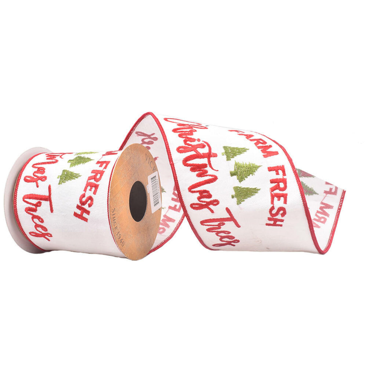 Vickerman 4 X 10 Yards White Farm Fresh Trees Wired Edge Christmas Ribbon.