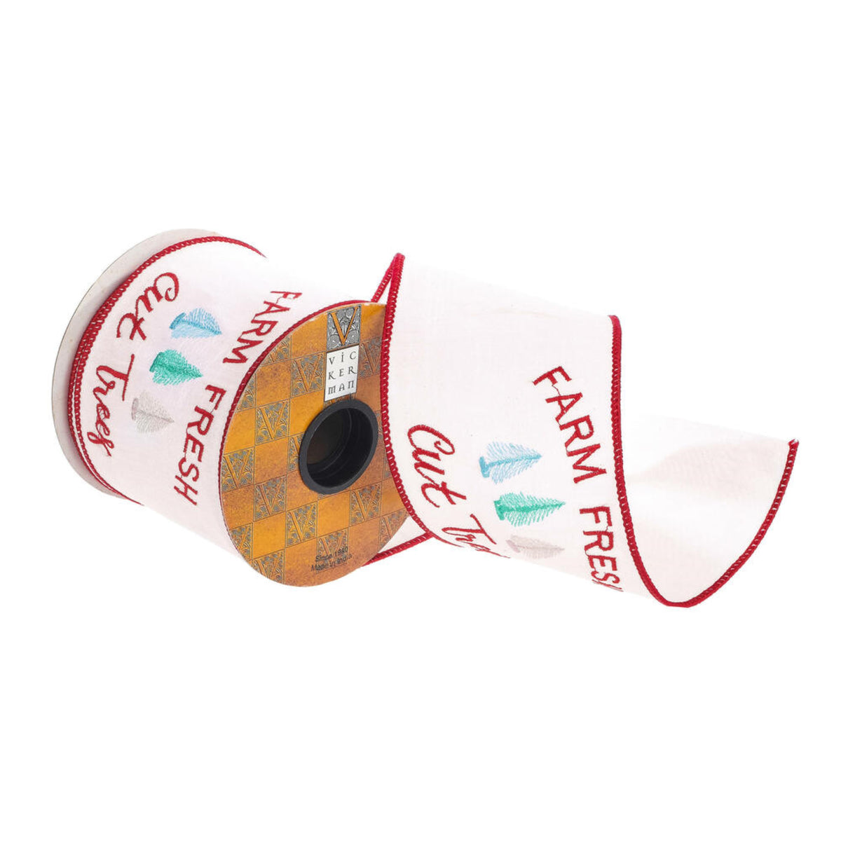 Vickerman 4 X 10 Yards White/Red Farm Fresh Trees Wired Edge Christmas Ribbon.