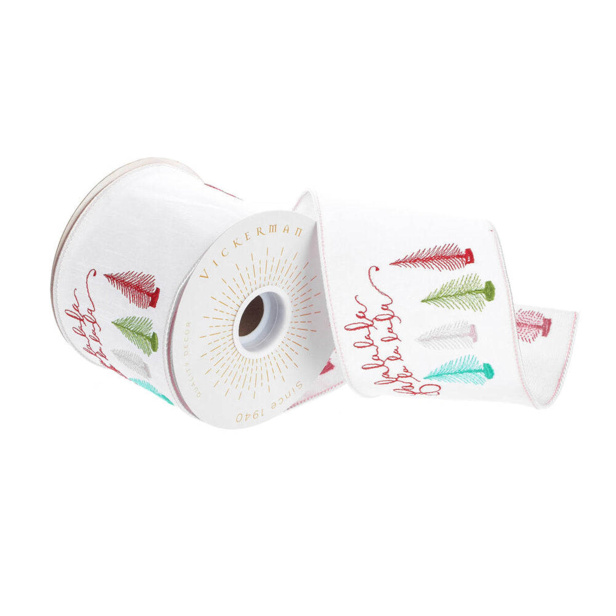 Vickerman 4 X 10 Yards White Fa La La Tree Wired Edge Christmas Ribbon.