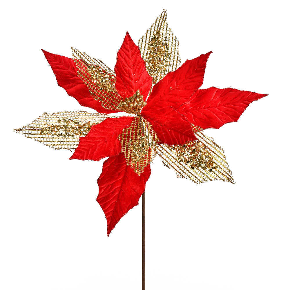 Vickerman 13” Red Poinsettia Mesh Spray 6/Bag - QG190103