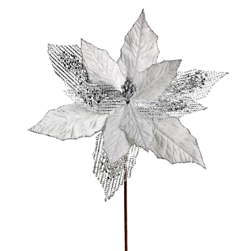 Vickerman 13” Silver Poinsettia Mesh Spray 6/Bag - QG190107