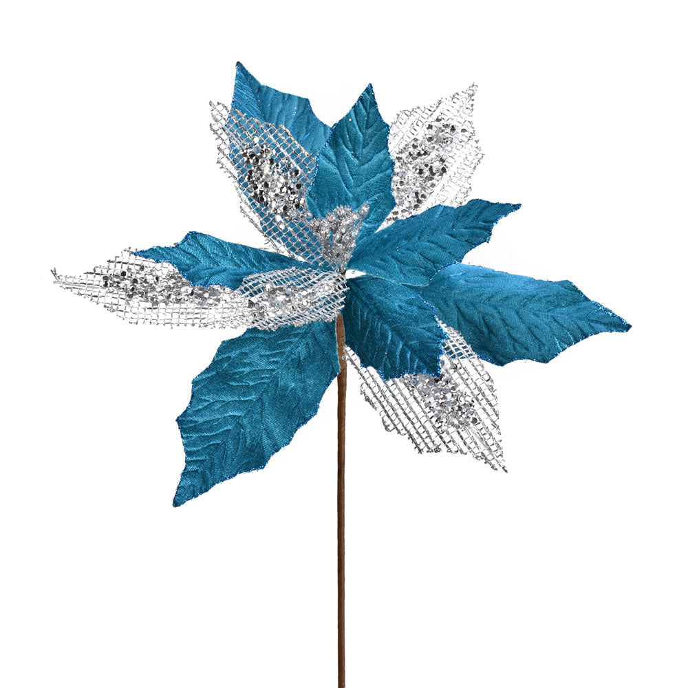 Vickerman 13” Turquoise Poinsettia Mesh Spray 6/Bg - QG190112