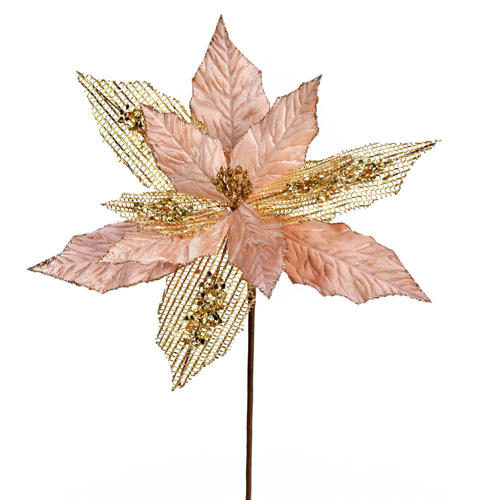 Vickerman 13” Rose Gold Poinsettia Mesh Spray 6/Bg - QG190158