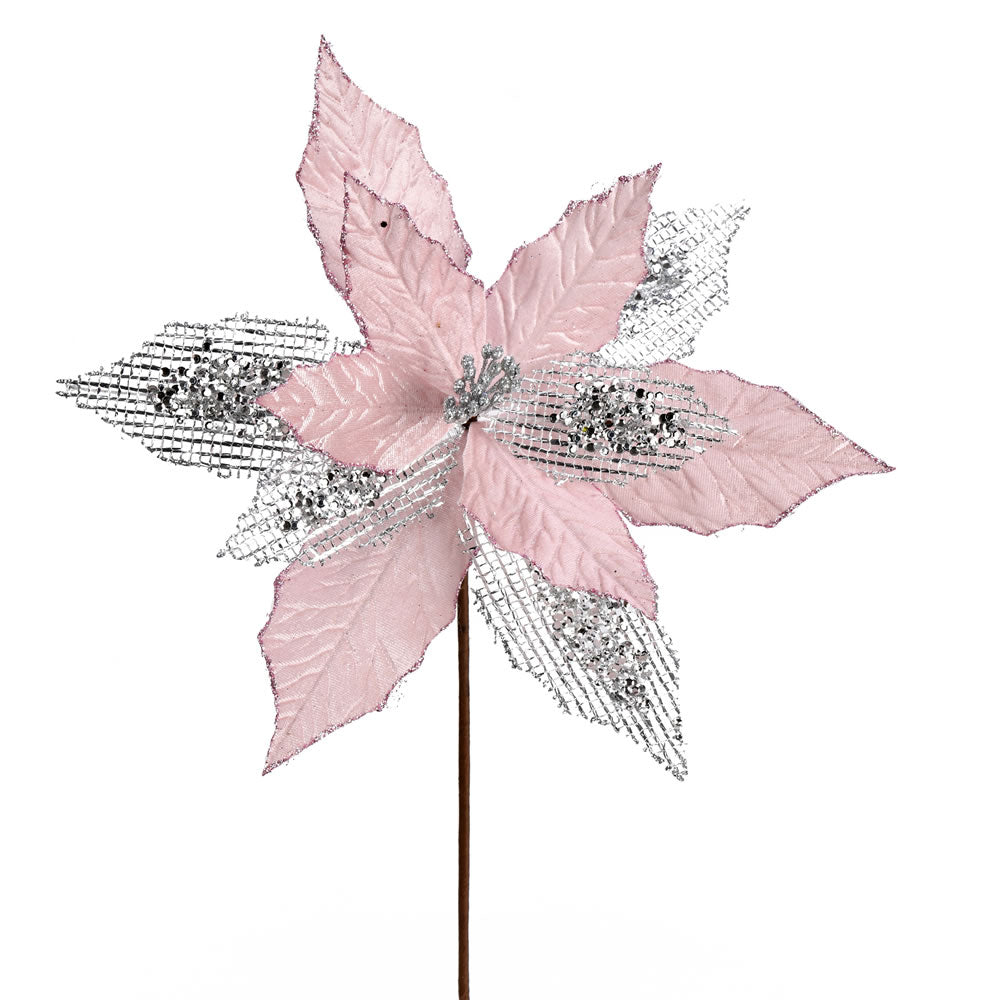 Vickerman 13” Pink Poinsettia Mesh Spray 6/Bag - QG190179