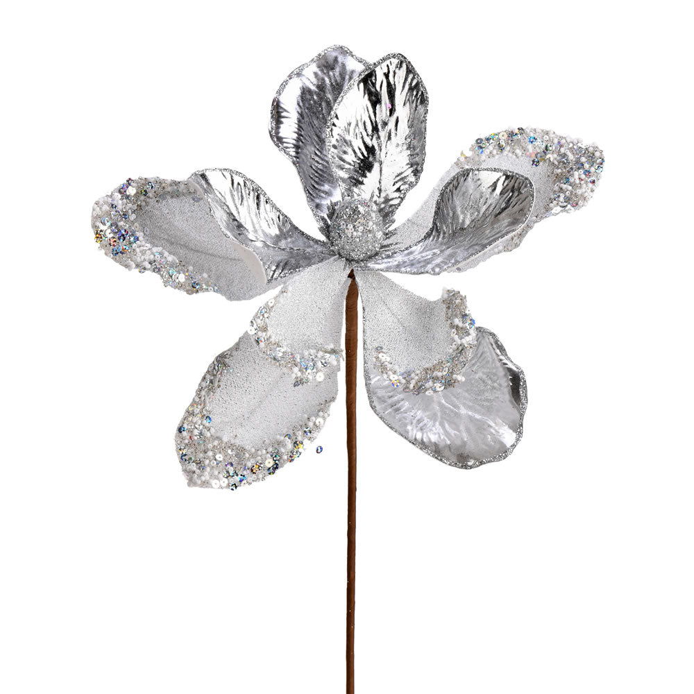 Vickerman 11” Silver Magnolia Glitter Spray 6/Bag - QG190407