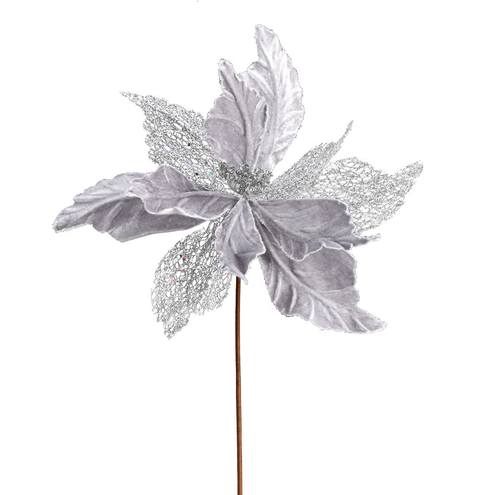 Vickerman 12” Silver Velvet Poinsettia Spray 6/Bag - QG190807