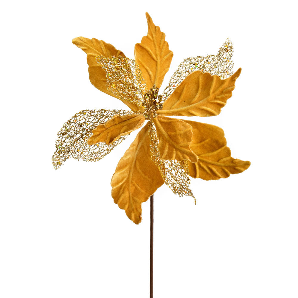 Vickerman 12” Gold Velvet Poinsettia Spray 6/Bag - QG190808