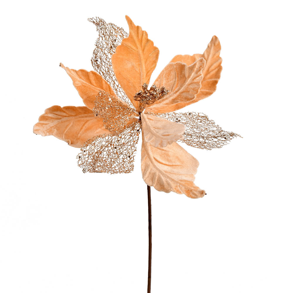 Vickerman 12” RoseGold Velvet Poinsettia Spray 6Bg - QG190858