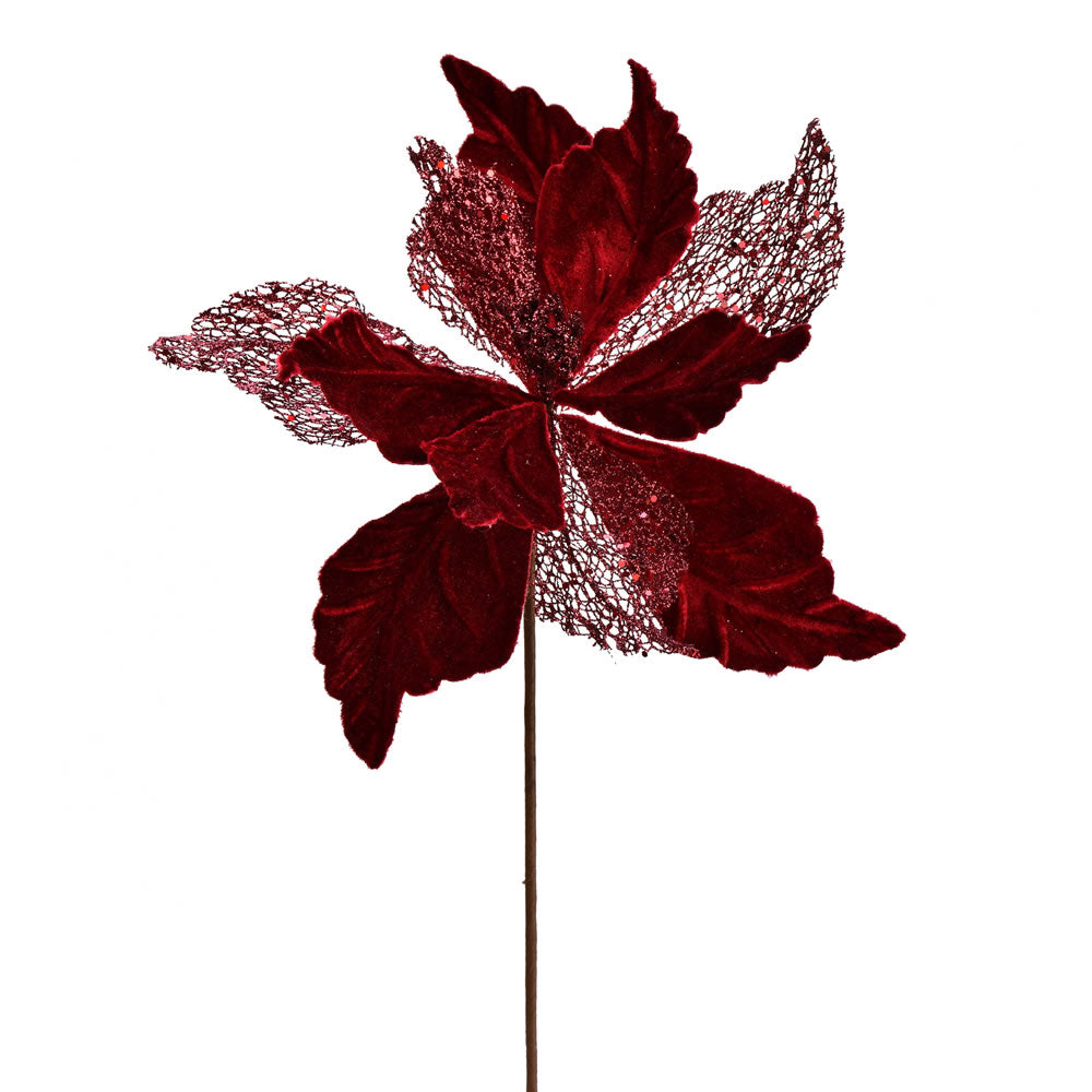 Vickerman 12” Burgundy Velvet Poinsettia Spray 6Bg - QG190865