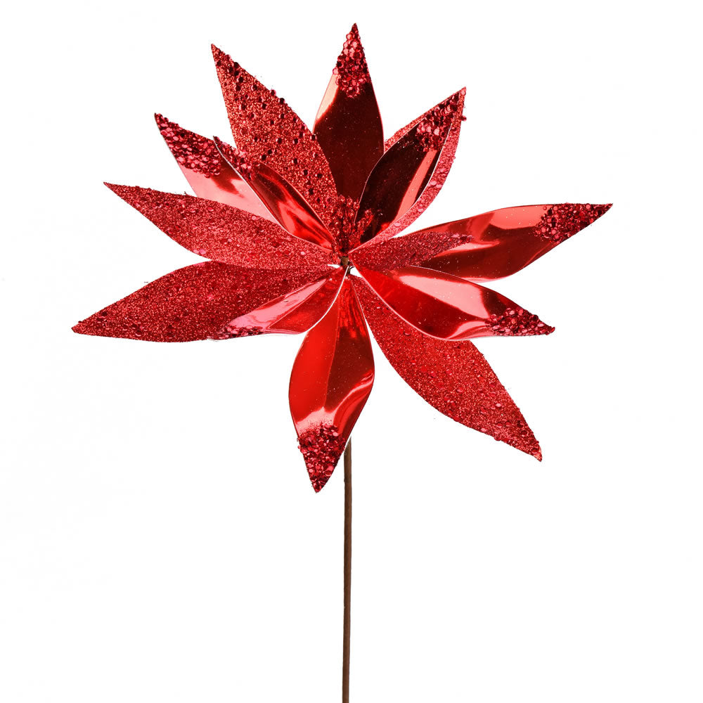 Vickerman 13” Red Shiny Poinsettia Spray 6/Bag - QG190903