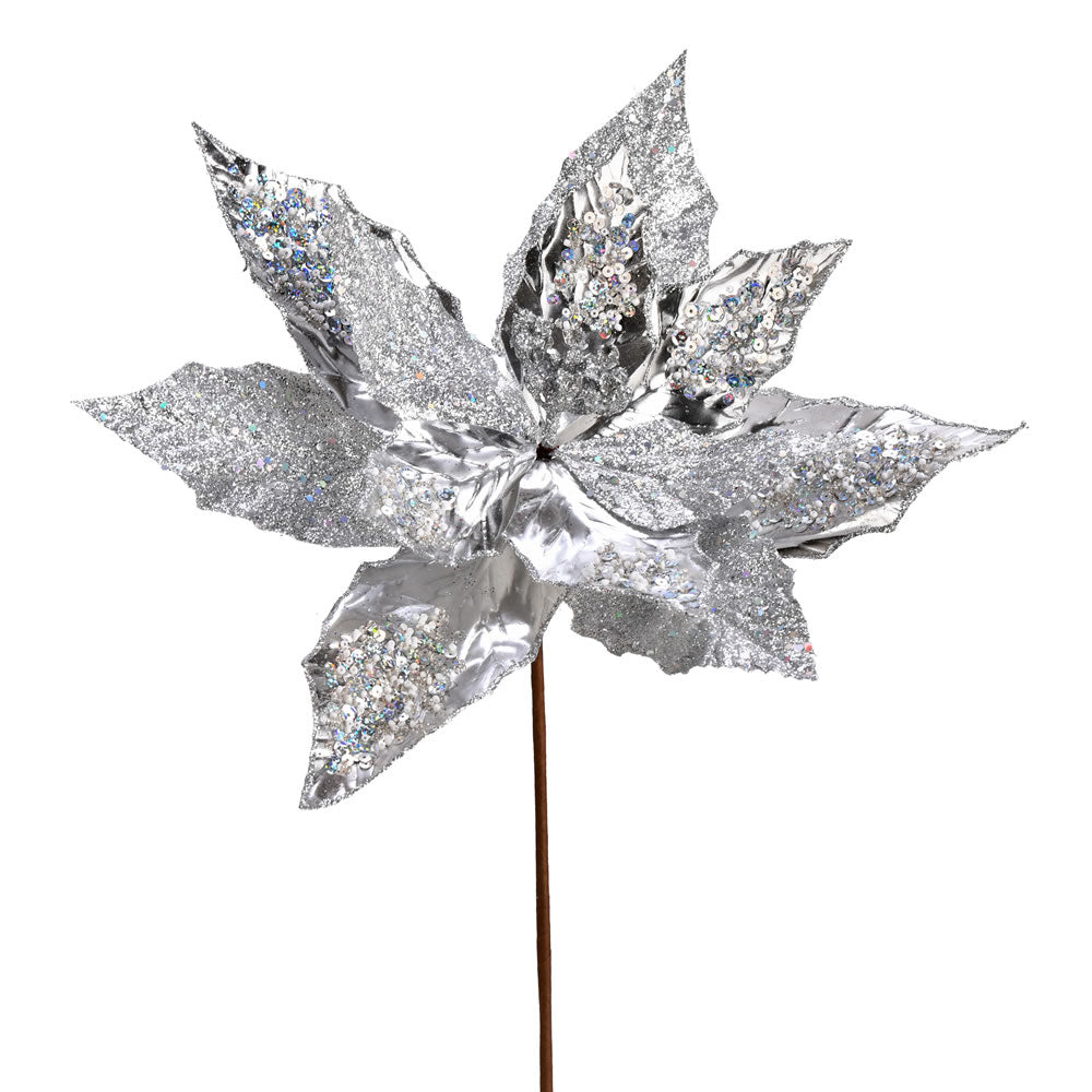 Vickerman 13” Silver Poinsettia Sequin Spray 6/Bag - QG191107