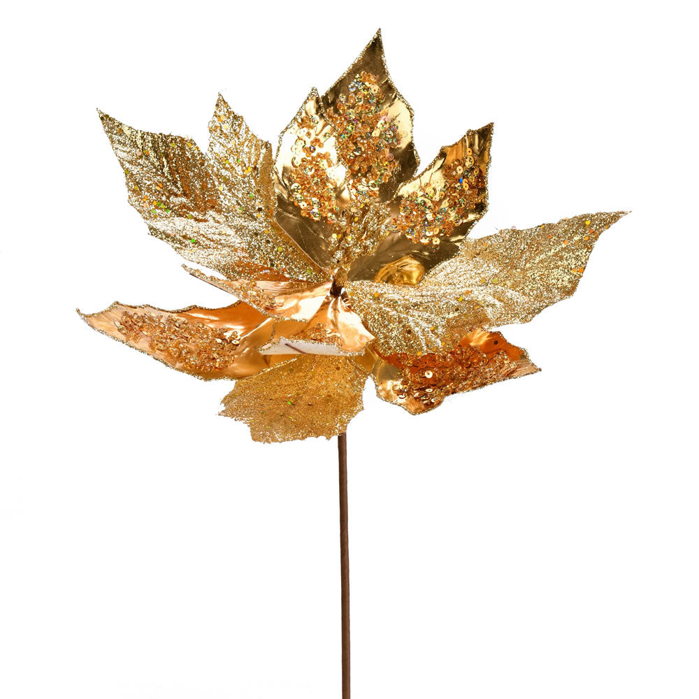 Vickerman 13” Gold Poinsettia Sequin Spray 6/Bag - QG191108