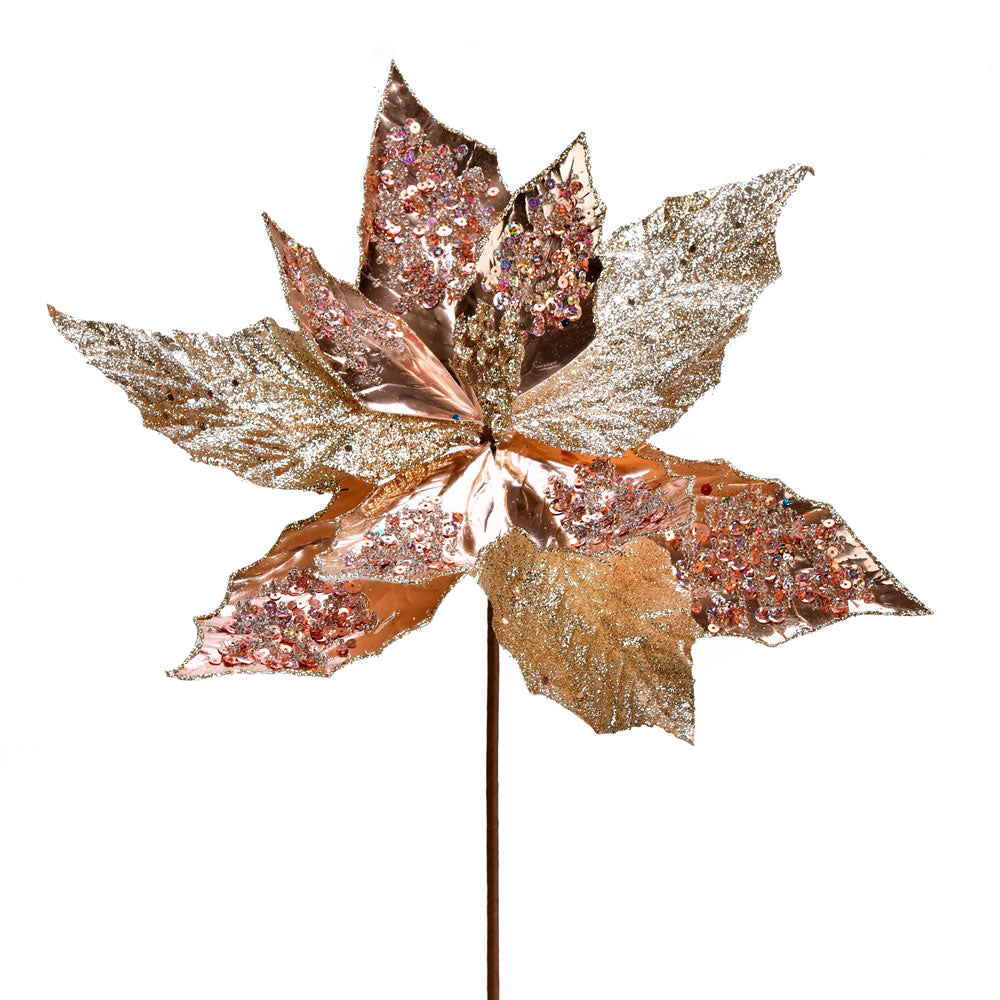 Vickerman 13” RoseGold Poinsettia Sequin Spray 6Bg - QG191158