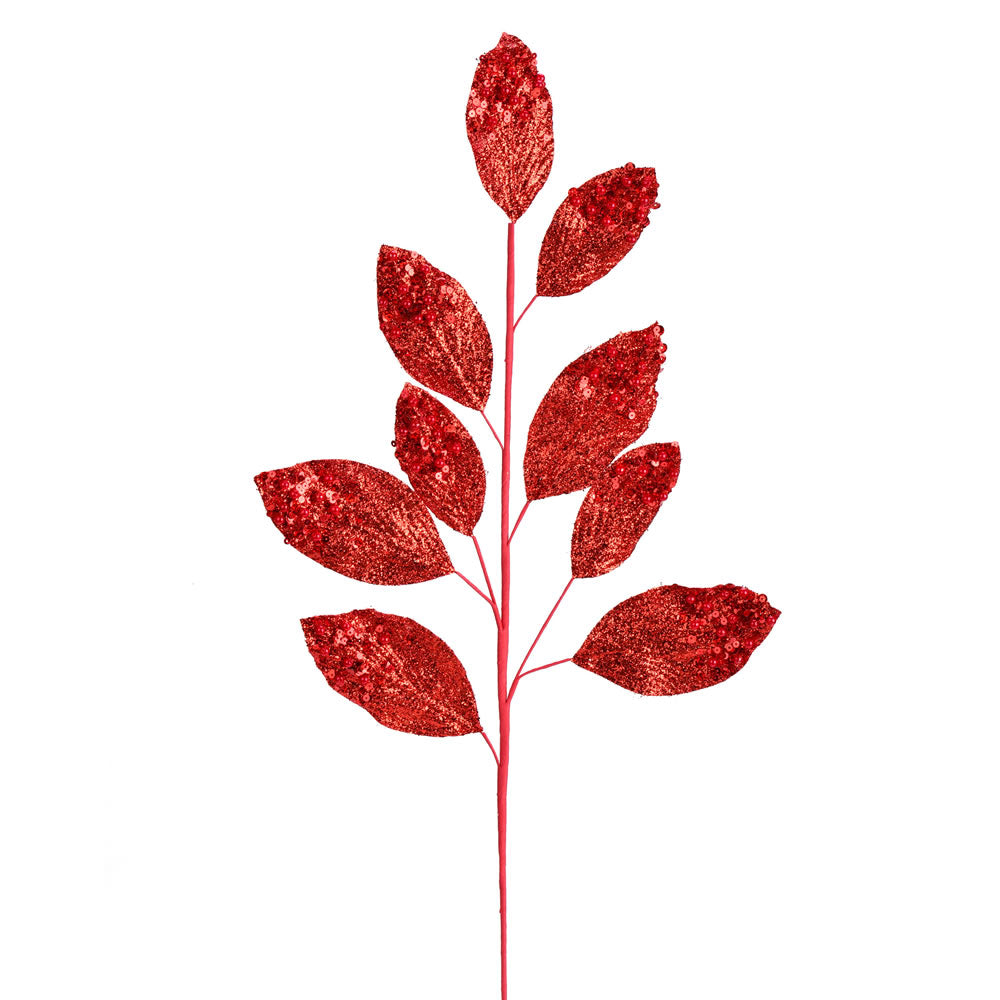Vickerman 29” Red Glitter Leaf Spray 6/Bag - QG191803