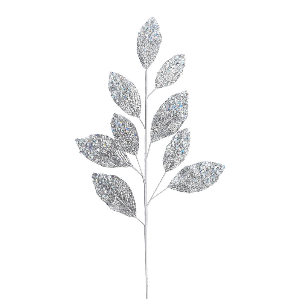 Vickerman 29” Silver Glitter Leaf Spray 6/Bag - QG191807