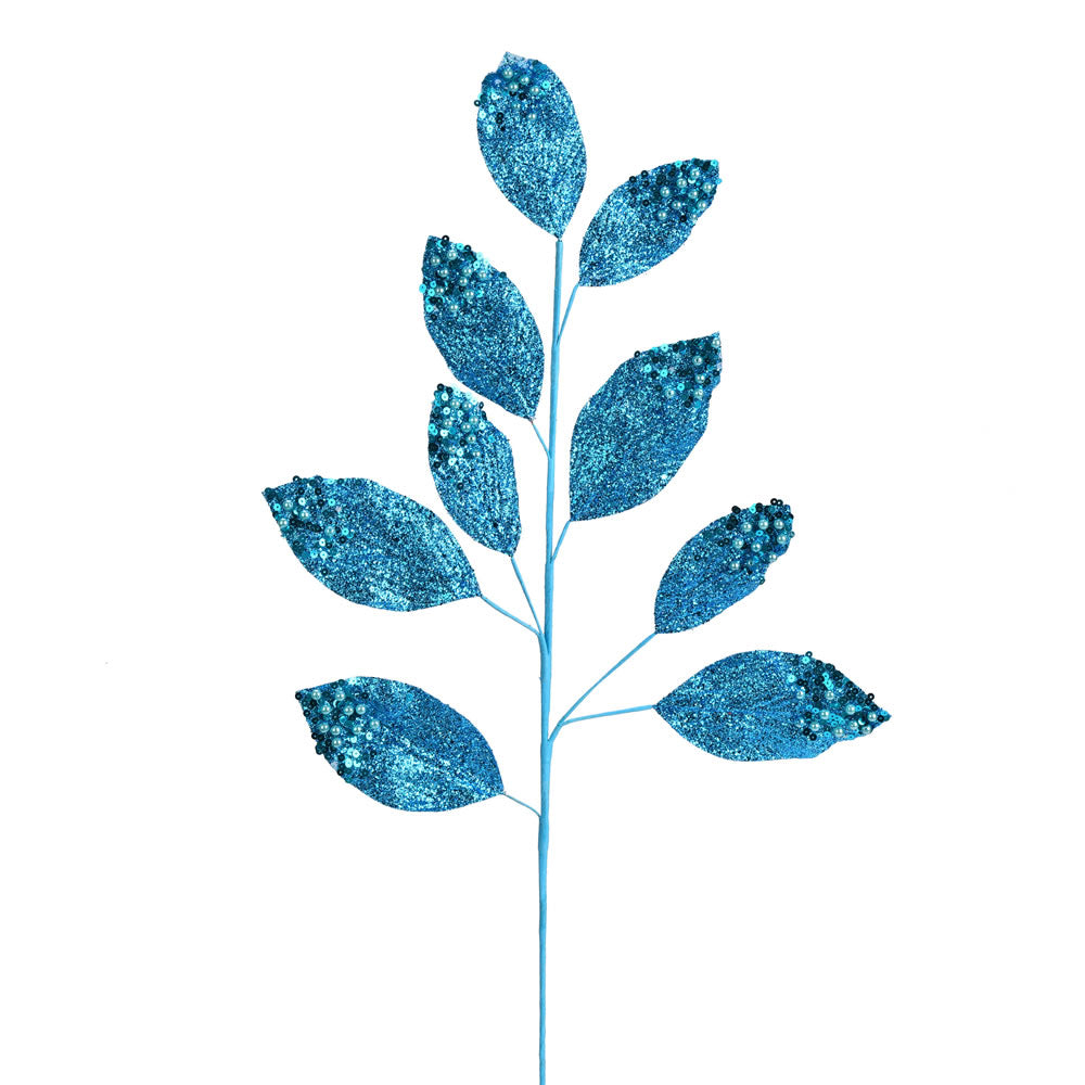 Vickerman 29” Turquoise Glitter Leaf Spray 6/Bag - QG191812