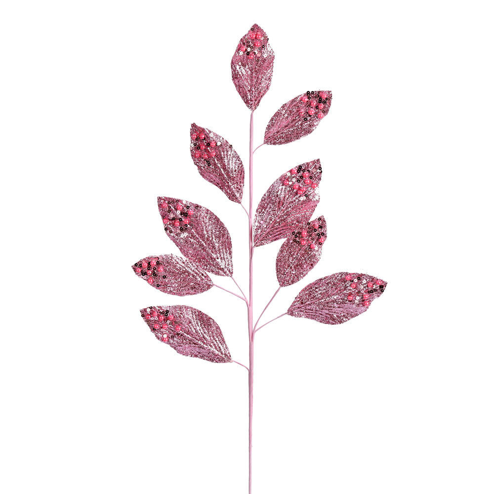 Vickerman 29” Pink Glitter Leaf Spray 6/Bag - QG191879