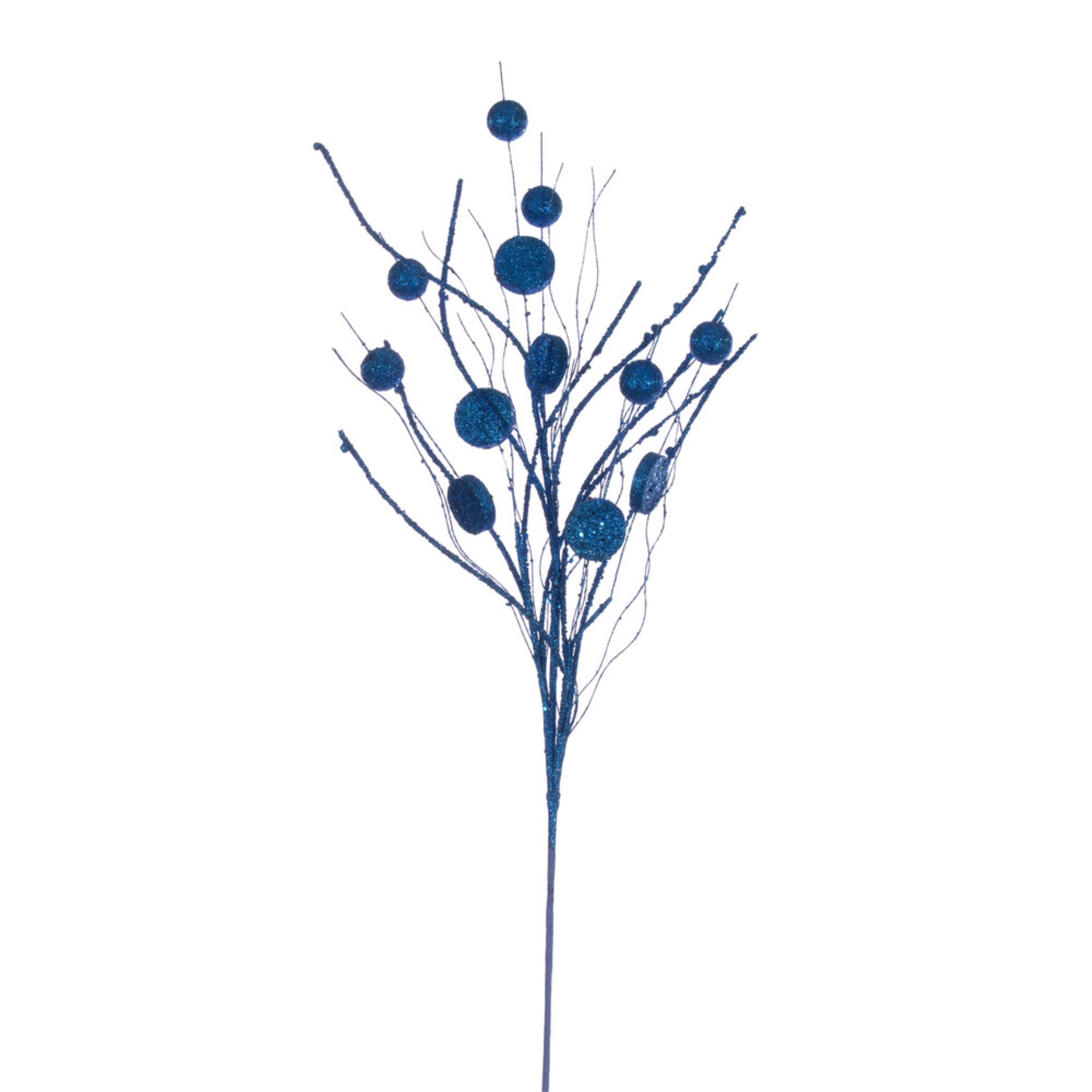 Vickerman 33” Blue Ball and Coin Glitter Twig Spray 6 per bag.