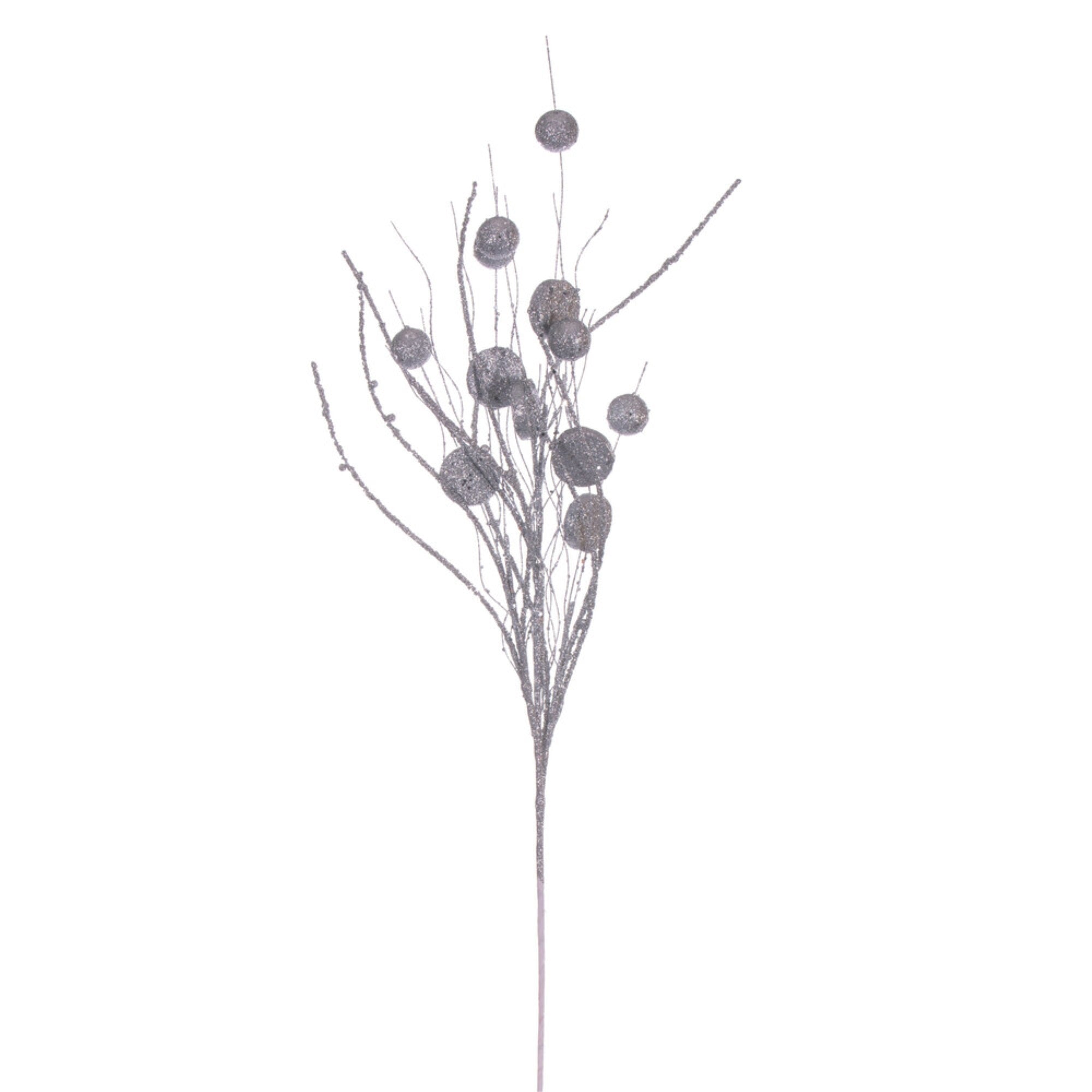 Vickerman 33” Silver Ball and Coin Glitter Twig Spray 6 per bag.