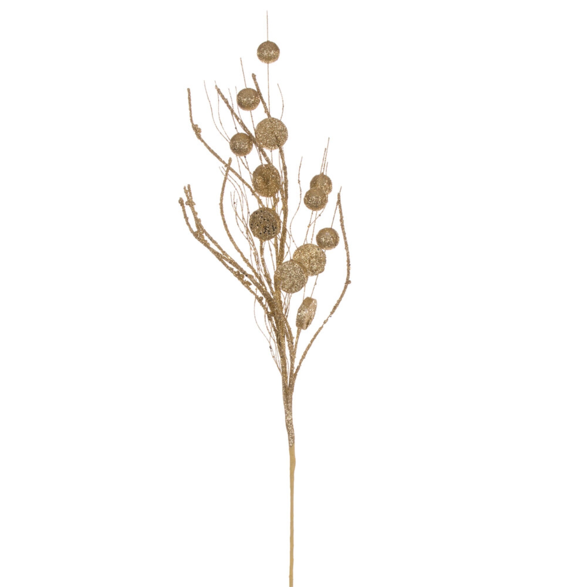 Vickerman 33” Gold Ball and Coin Glitter Twig Spray 6 per bag.