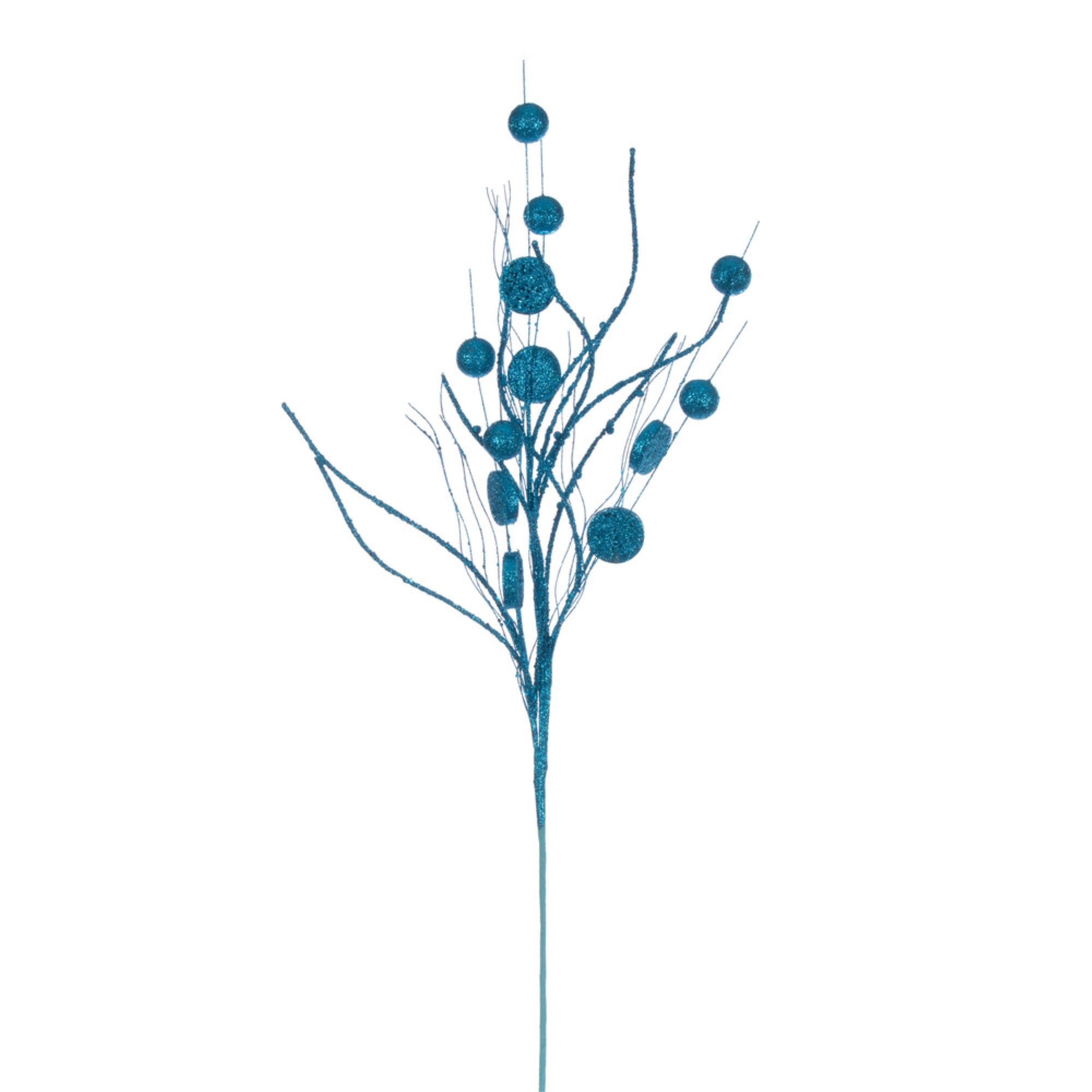 Vickerman 33” Turquoise Ball and Coin Glitter Twig Spray 6 per bag.