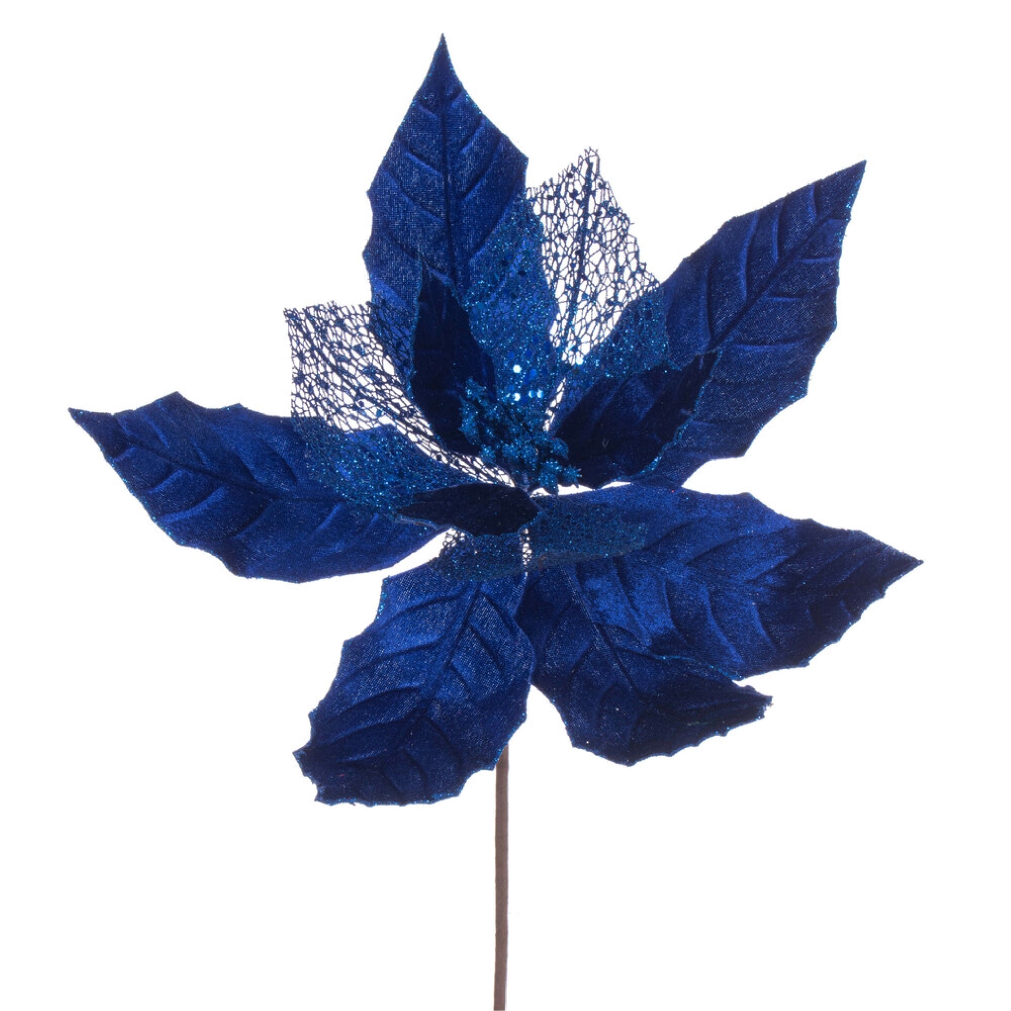 Vickerman 11” Blue Velvet and Glitter Mesh Poinsettia Flower on Stem 6 per bag.