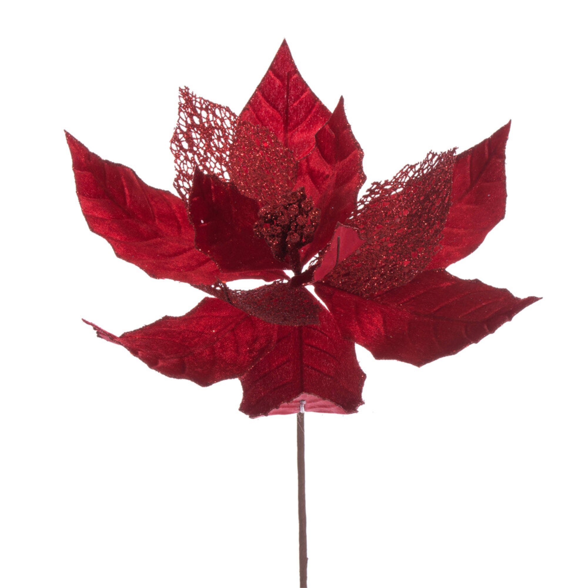 Vickerman 11” Red Velvet and Glitter Mesh Poinsettia Flower on Stem 6 per bag.
