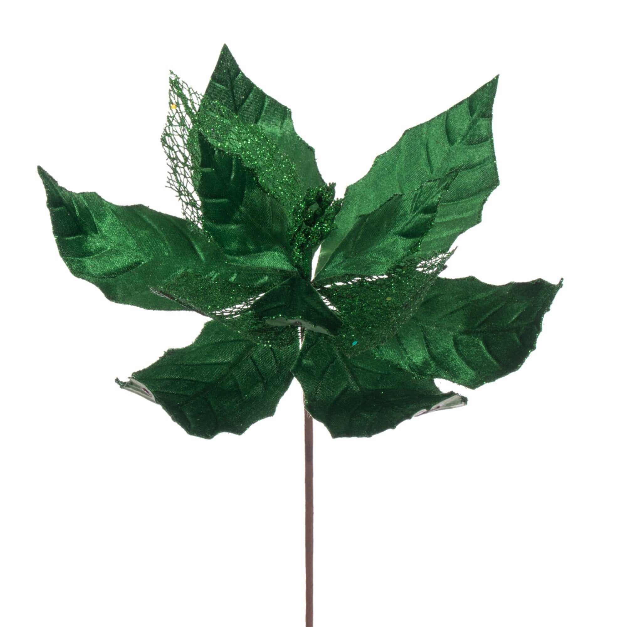 Vickerman 11” Green Velvet and Glitter Mesh Poinsettia Flower on Stem 6 per bag.