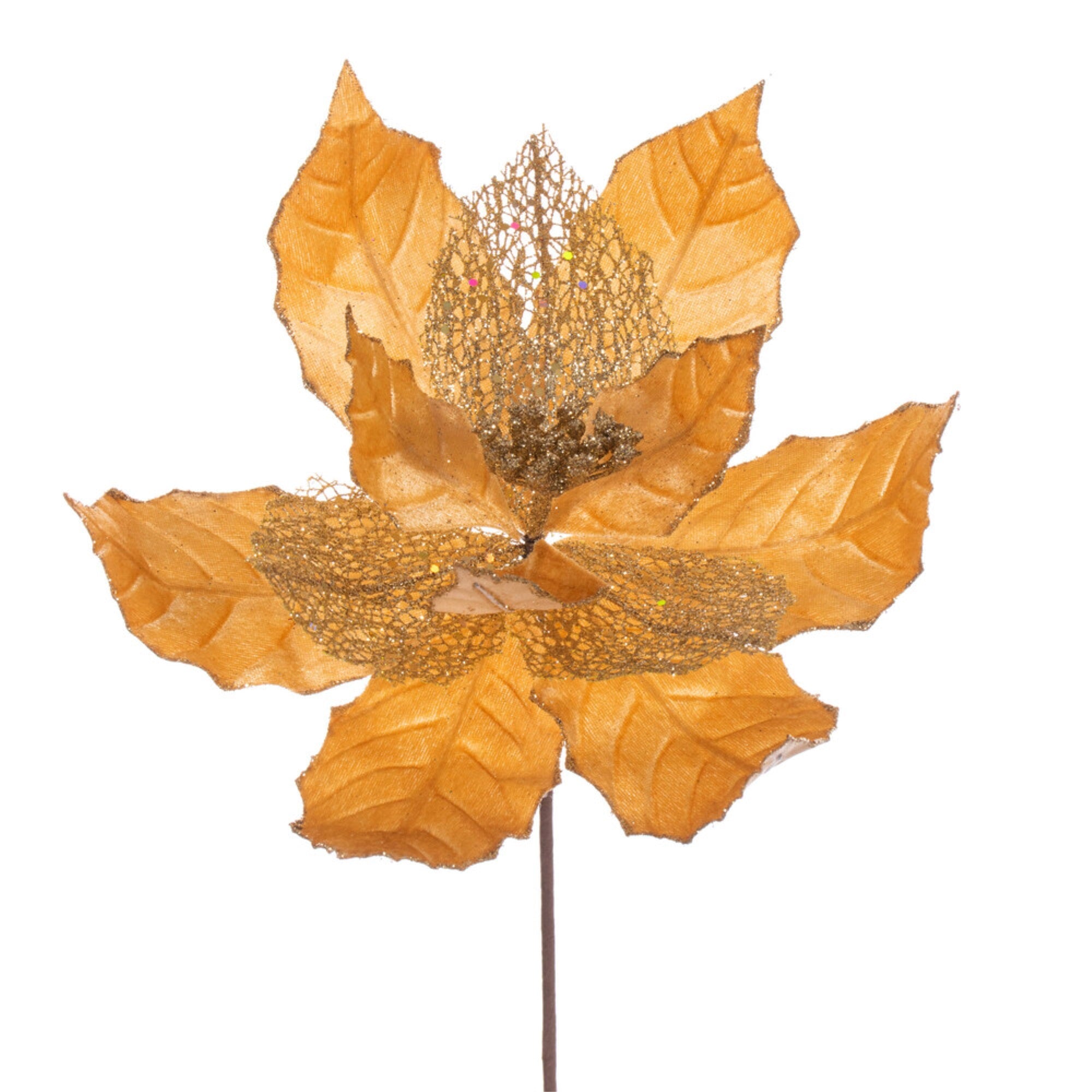 Vickerman 11” Gold Velvet and Glitter Mesh Poinsettia Flower on Stem 6 per bag.