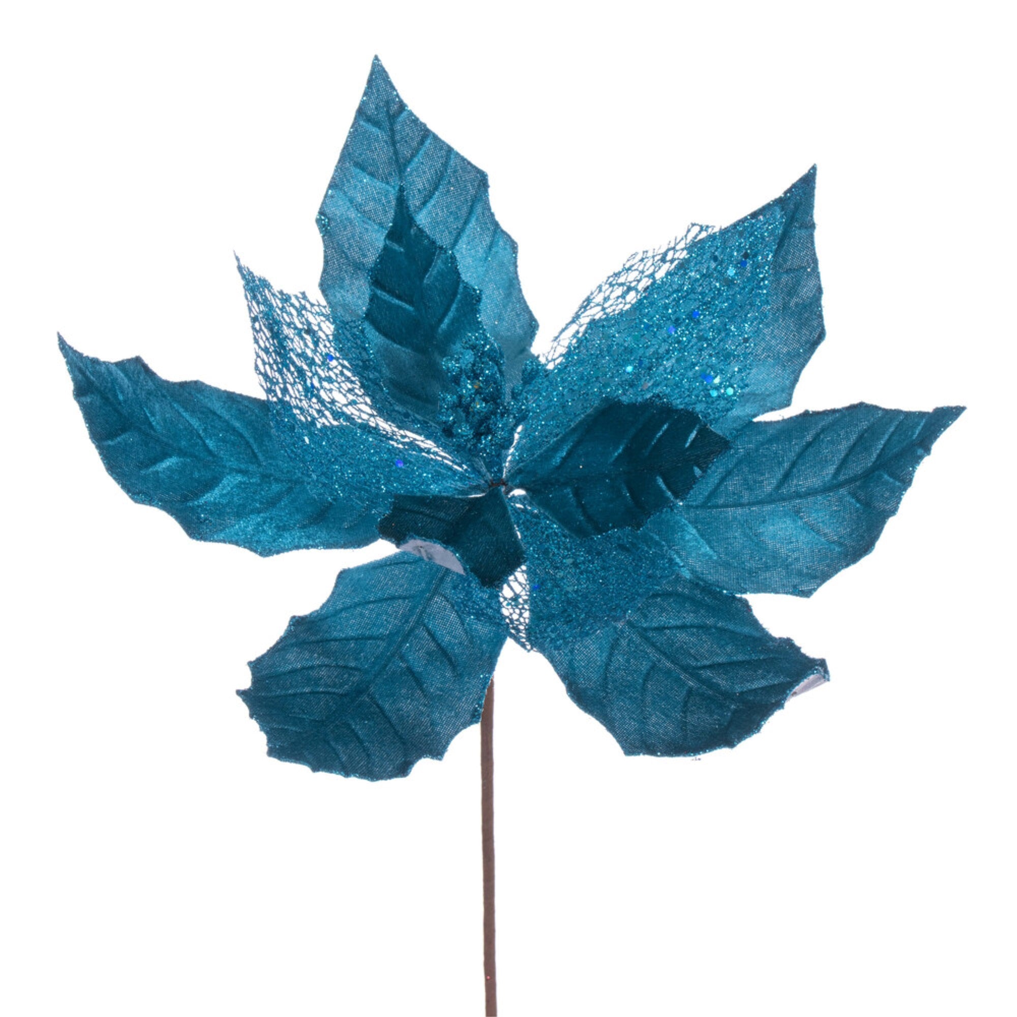 Vickerman 11” Turquoise Velvet and Glitter Mesh Poinsettia Flower on Stem 6 per bag.