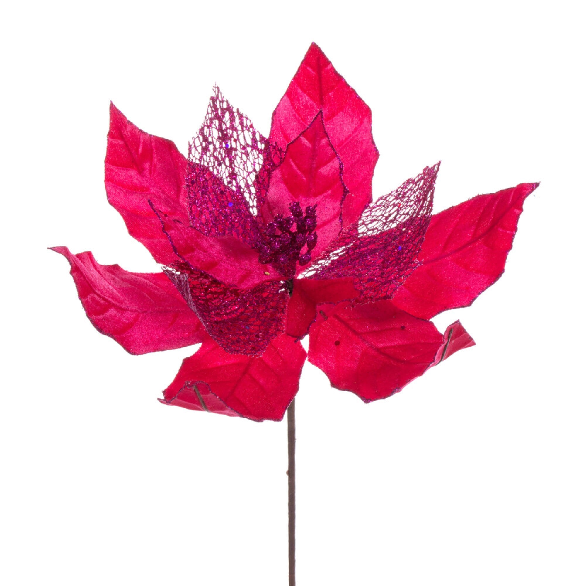 Vickerman 11” Hot Pink Velvet and Glitter Mesh Poinsettia Flower on Stem 6 per bag.
