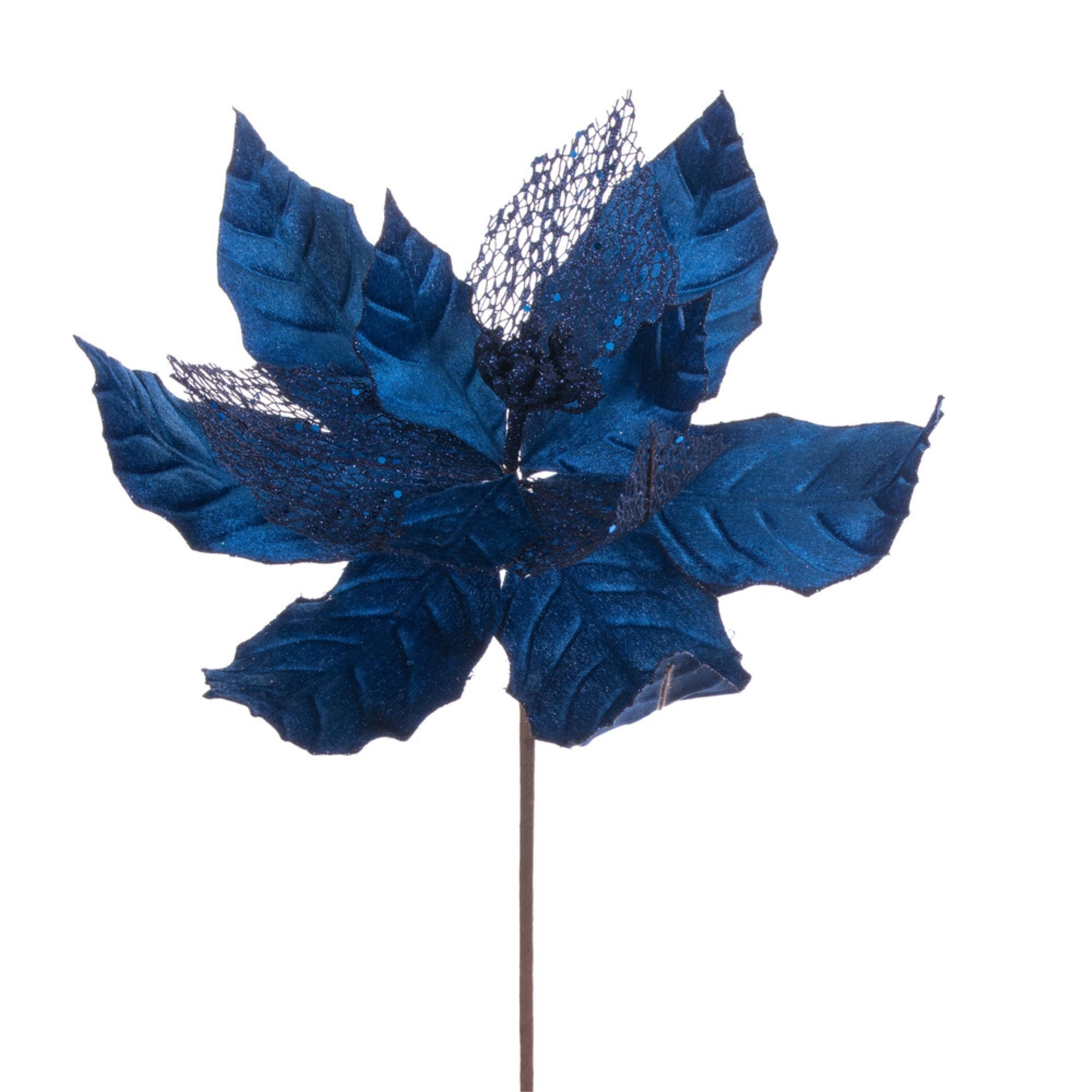 Vickerman 11” Midnight Blue Velvet and Glitter Mesh Poinsettia Flower on Stem 6 per bag.