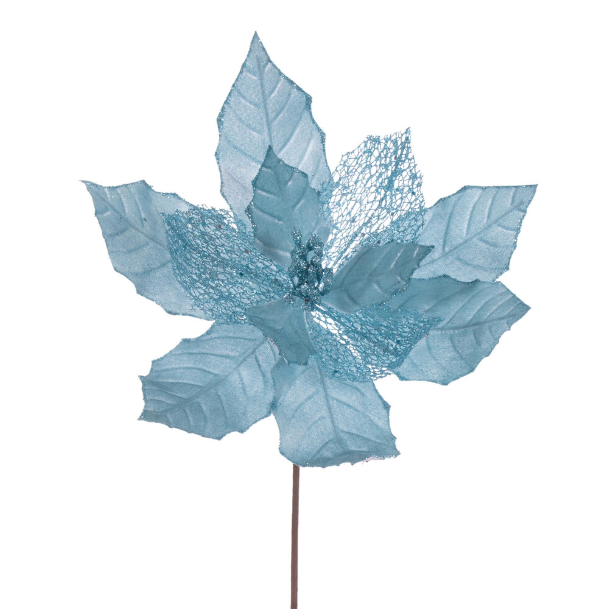 Vickerman 11” Baby Blue Velvet and Glitter Mesh Poinsettia Flower on Stem 6 per bag.