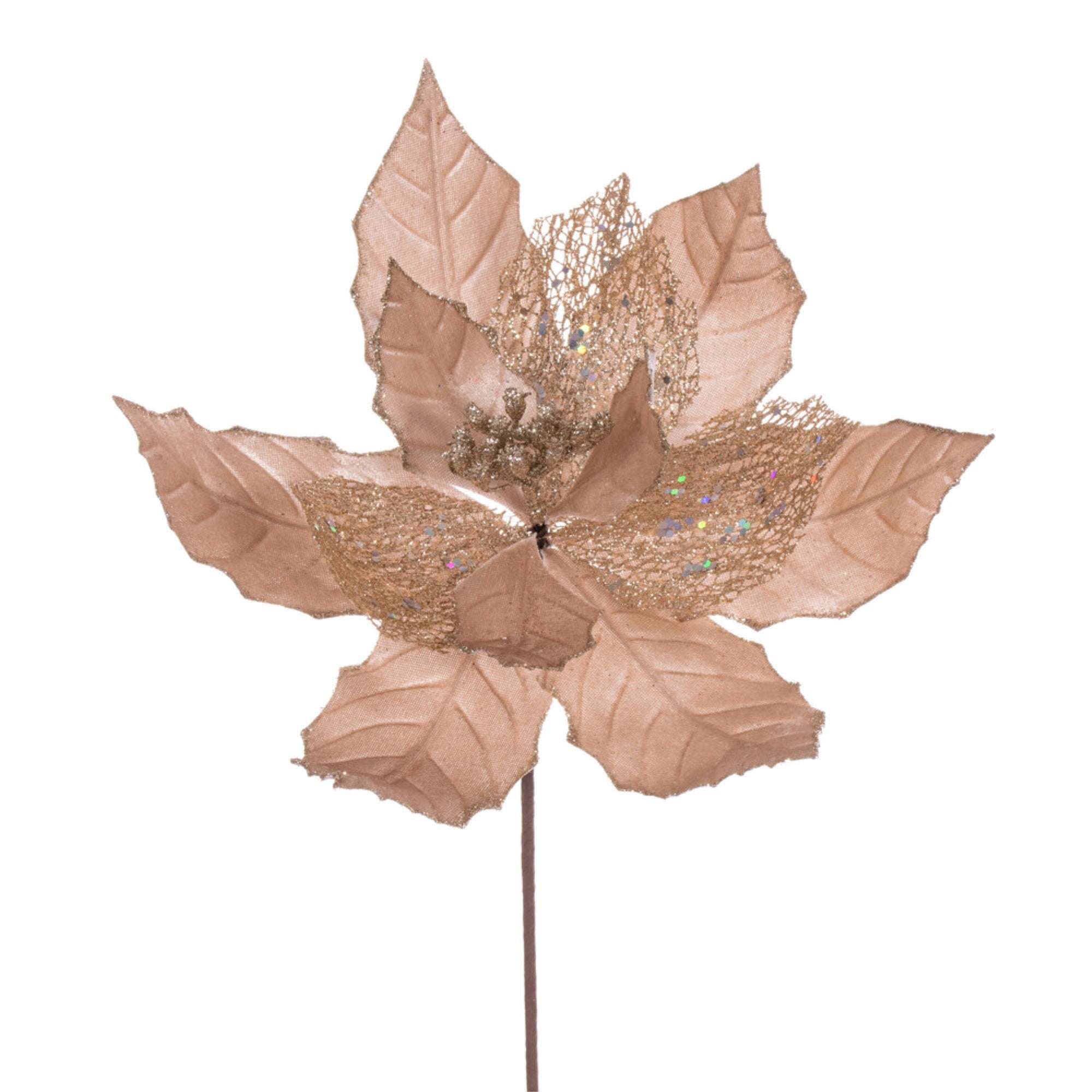 Vickerman 11” Champagne Velvet and Glitter Mesh Poinsettia Flower on Stem 6 per bag.