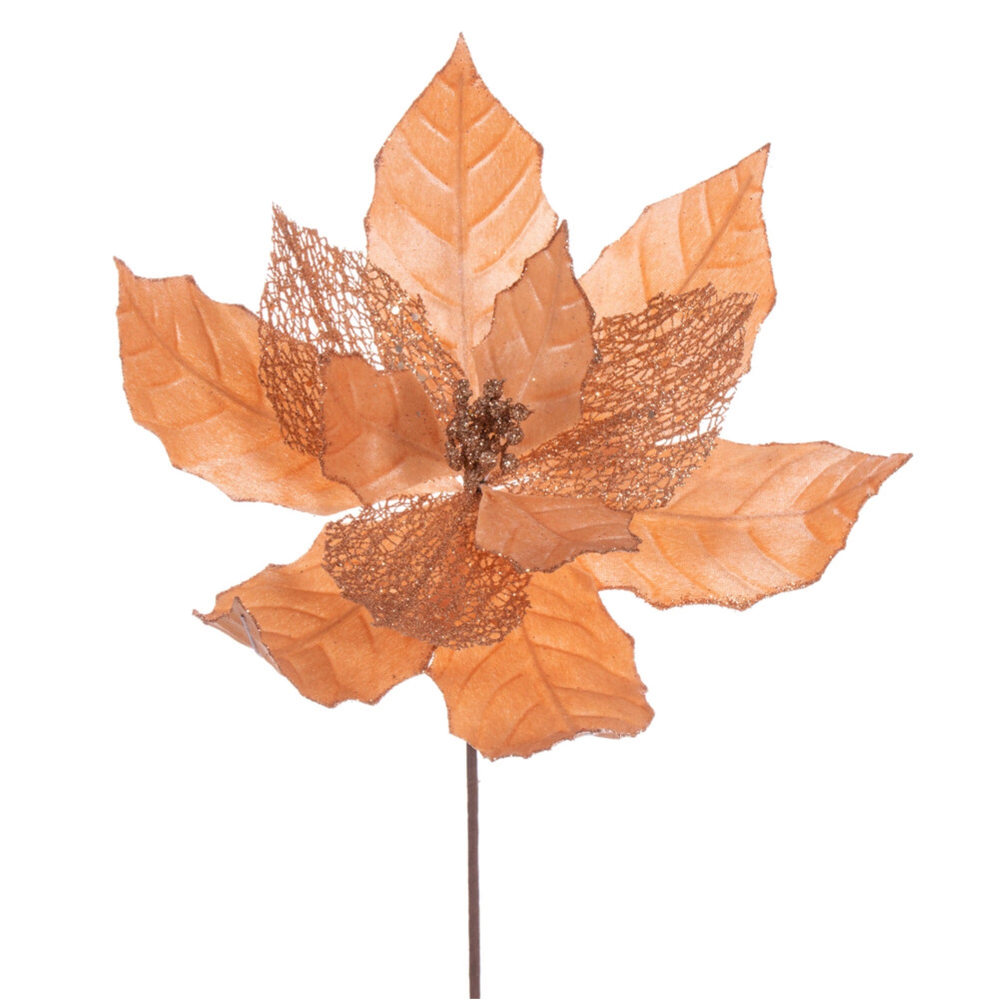 Vickerman 11” Rose Gold Velvet and Glitter Mesh Poinsettia Flower on Stem 6 per bag.
