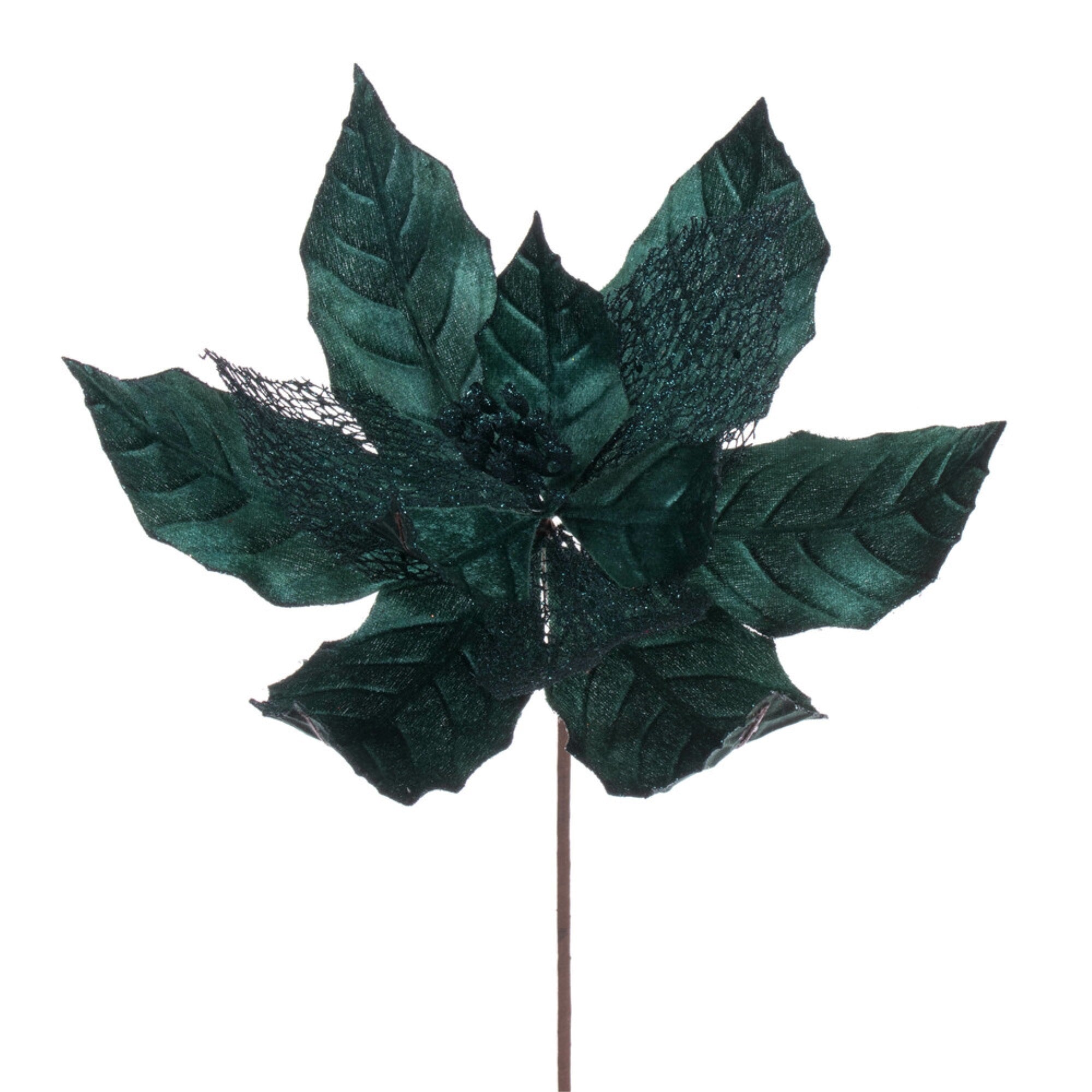 Vickerman 11” Sea Blue Velvet and Glitter Mesh Poinsettia Flower on Stem 6 per bag.