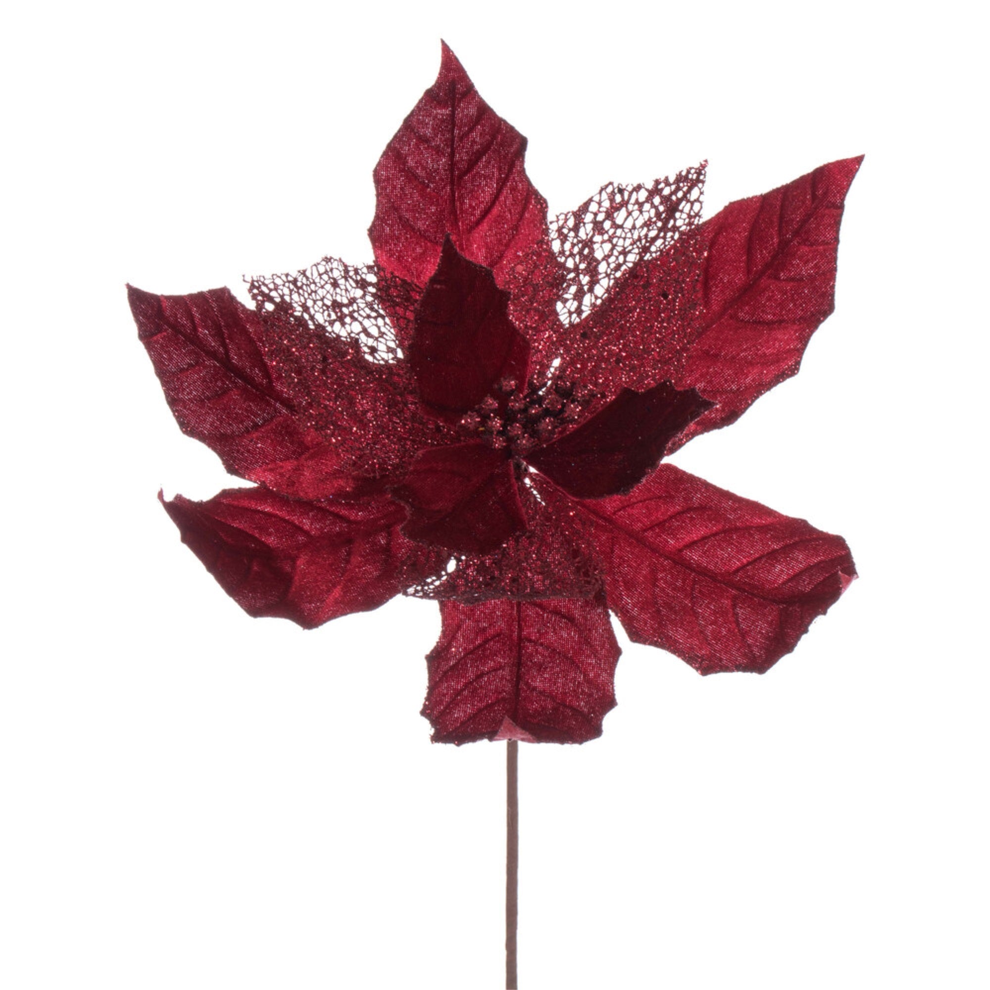 Vickerman 11” Burgundy Velvet and Glitter Mesh Poinsettia Flower on Stem 6 per bag.