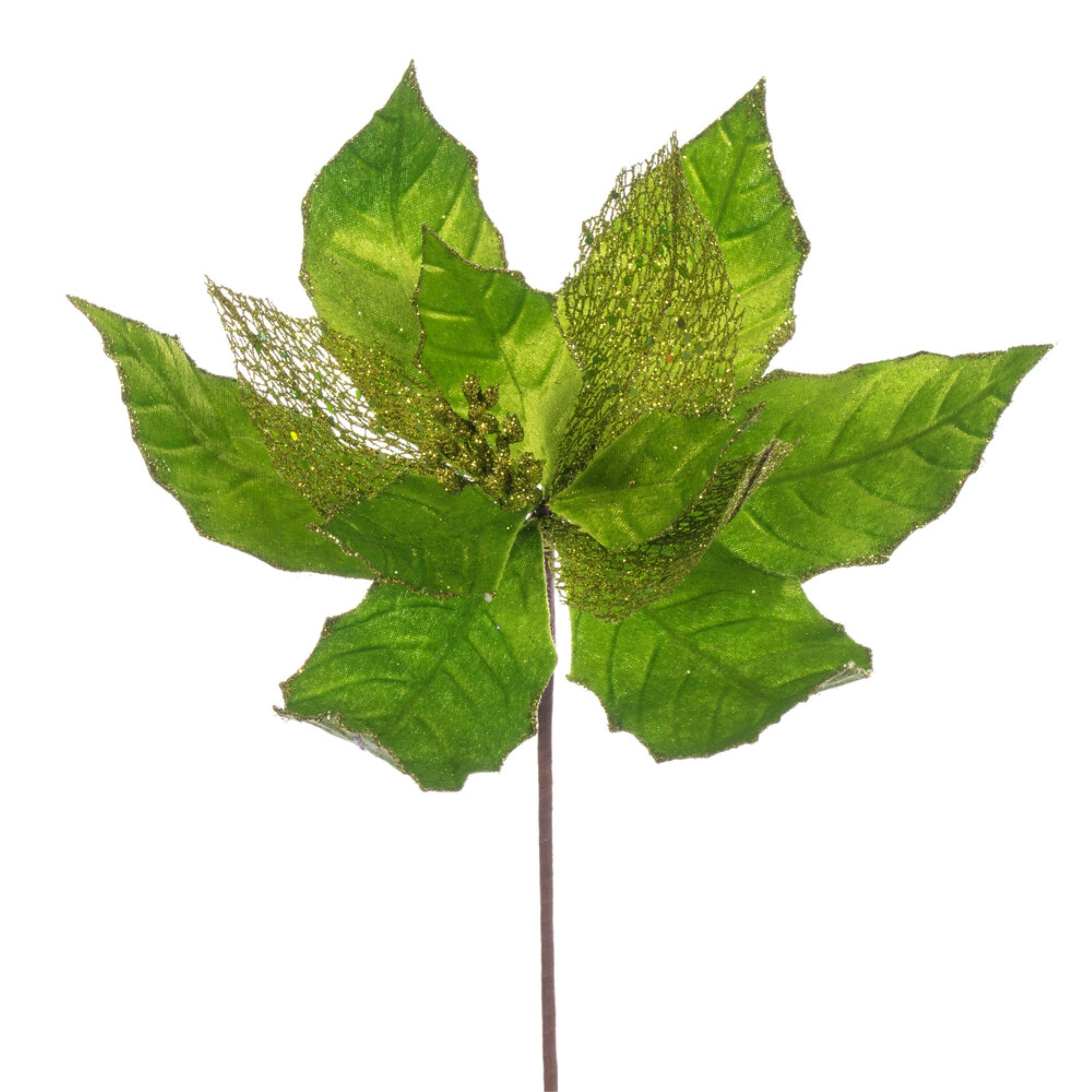 Vickerman 11” Lime Velvet and Glitter Mesh Poinsettia Flower on Stem 6 per bag.