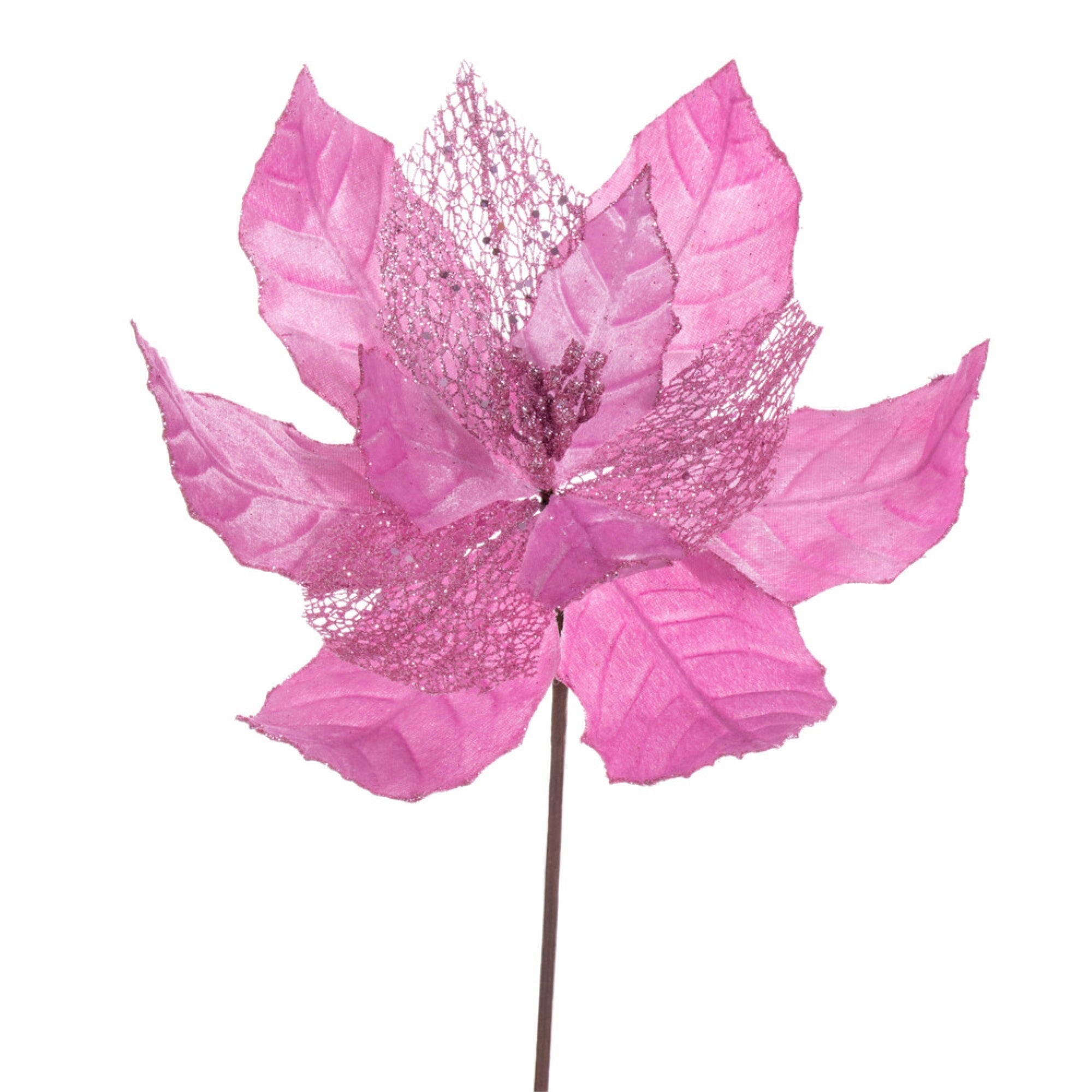 Vickerman 11” Pink Velvet and Glitter Mesh Poinsettia Flower on Stem 6 per bag.