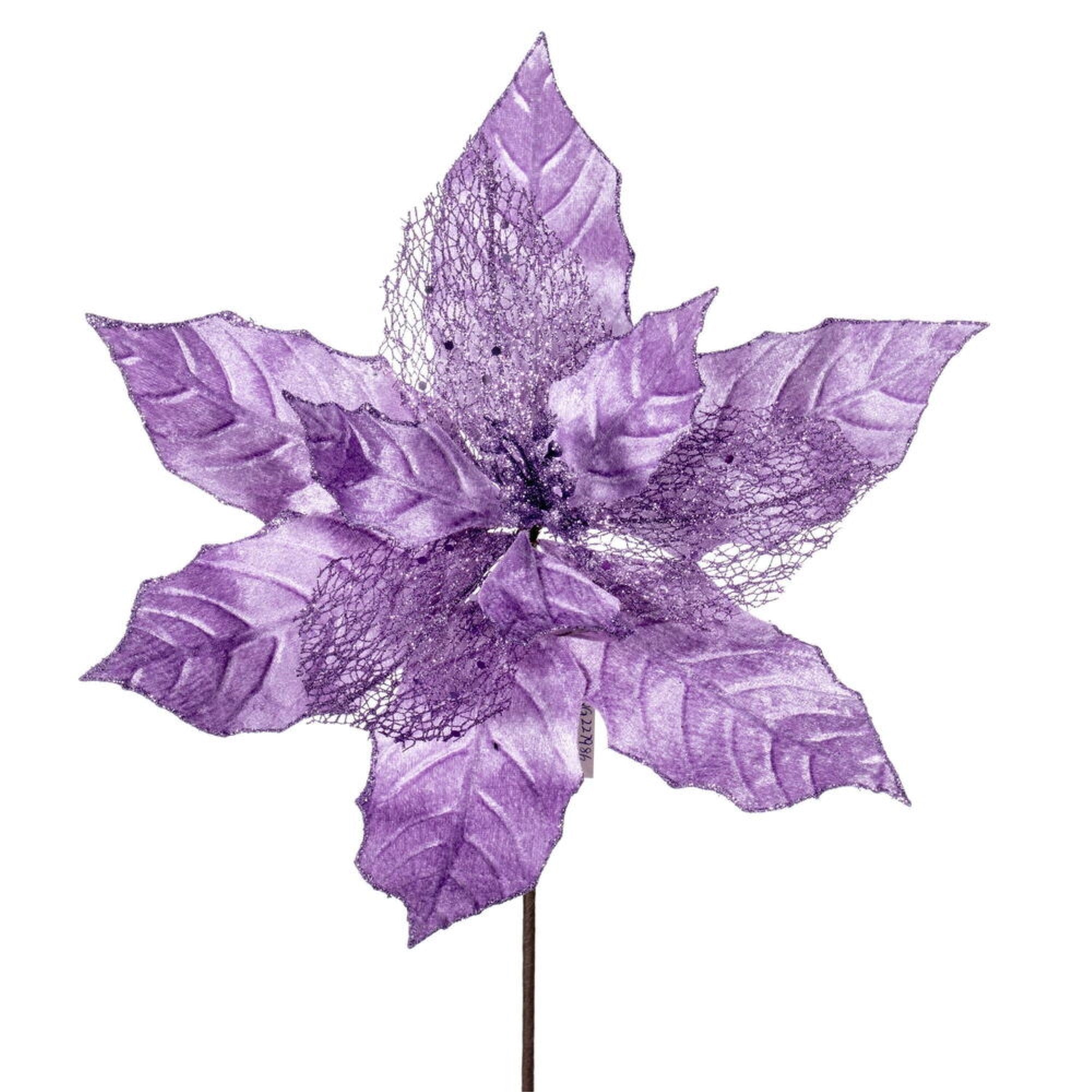 Vickerman 11” Lavender Velvet and Glitter Mesh Poinsettia Flower on Stem 6 per bag.