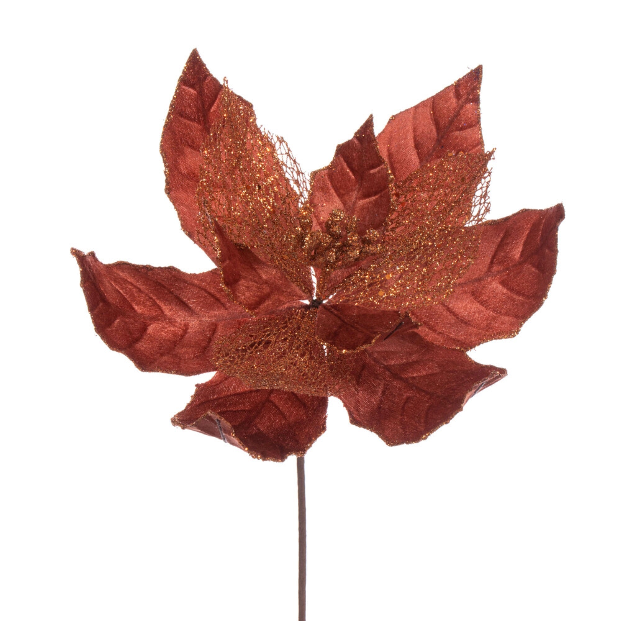 Vickerman 11” Copper Velvet and Glitter Mesh Poinsettia Flower on Stem 6 per bag.