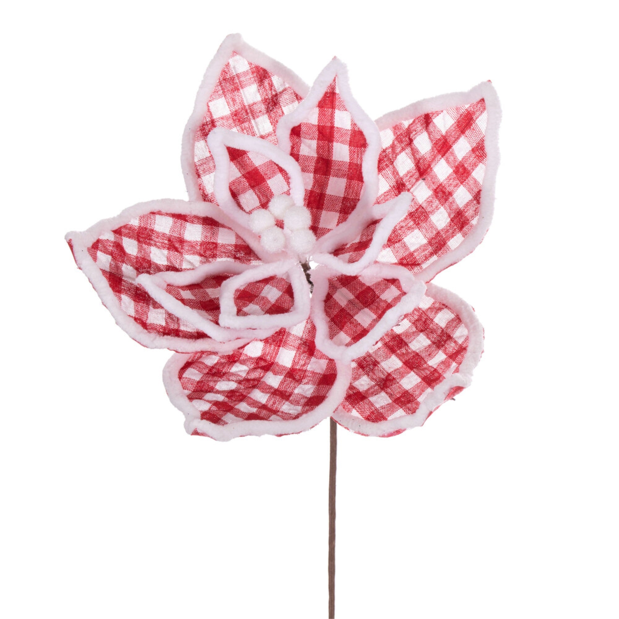 Vickerman 11” Red and White Plaid Flower with White Outline on Stem 6 per bag.
