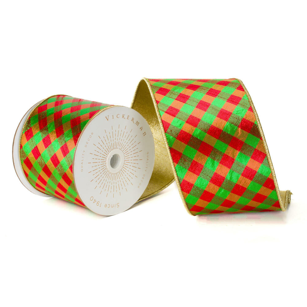 4”x10yd Red Green Diagonal Check Gold