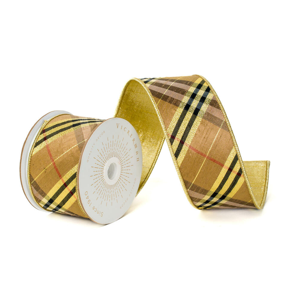 2.5”x10yd Gold Black Diagonal Plaid Gold