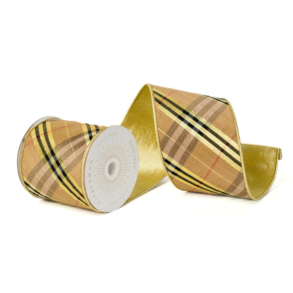 4”x10yd Gold Black Diagonal Plaid Gold