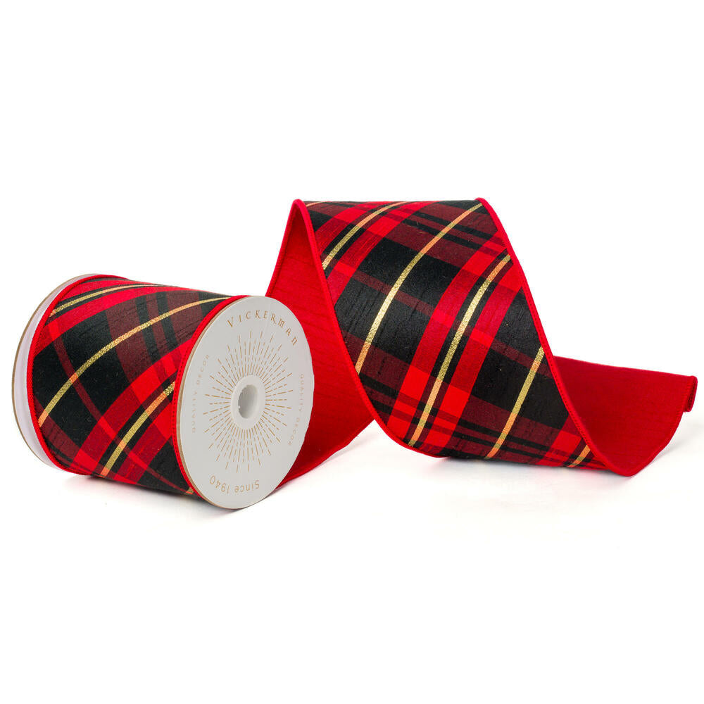 4”x10yd Red Black Gold Diagonal Plaid