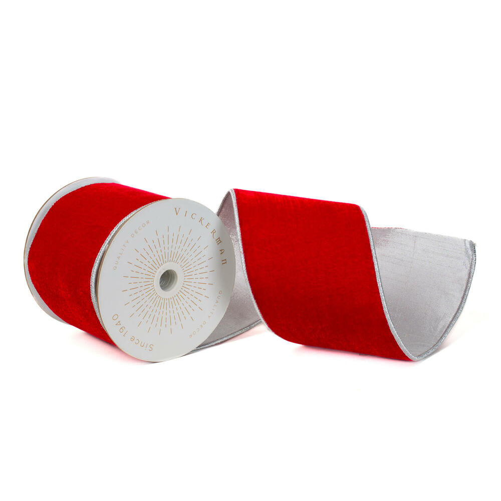 4”x10yd Red Velvet Silver Metallic Trim
