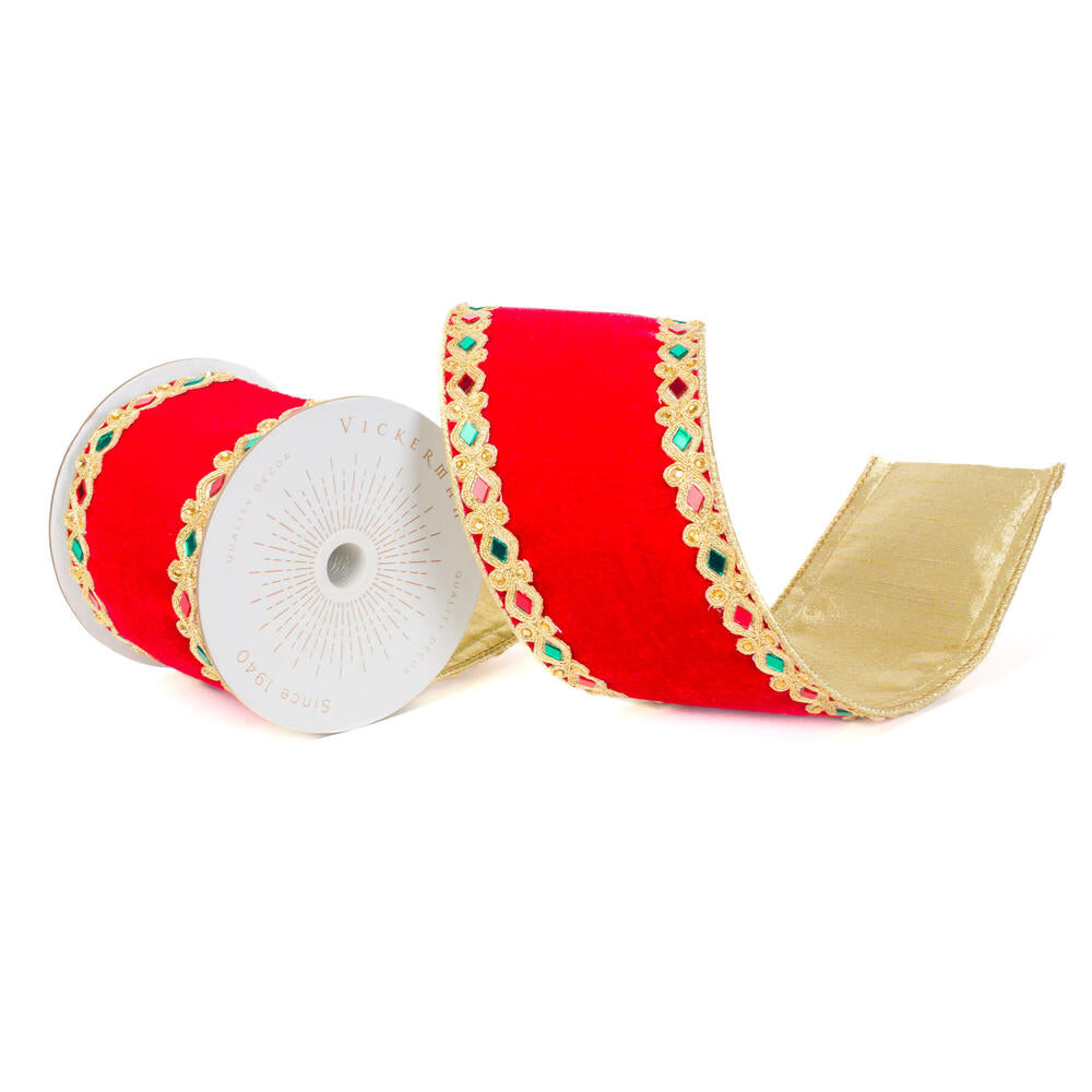 4”x10yd Red Velvet Jeweled Gold Applique