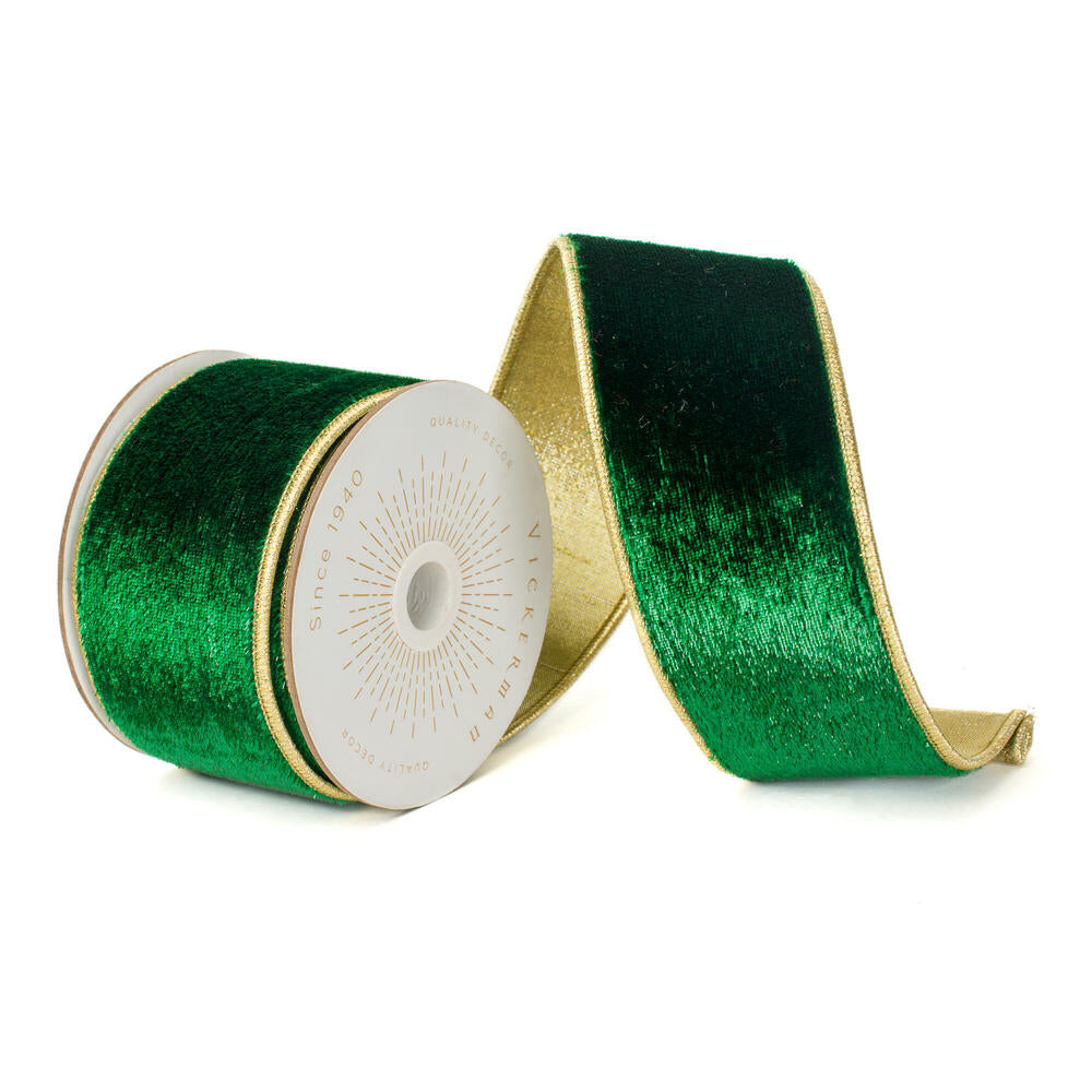 2.5”x10yd Emerald Shiny Velvet Gold Trim